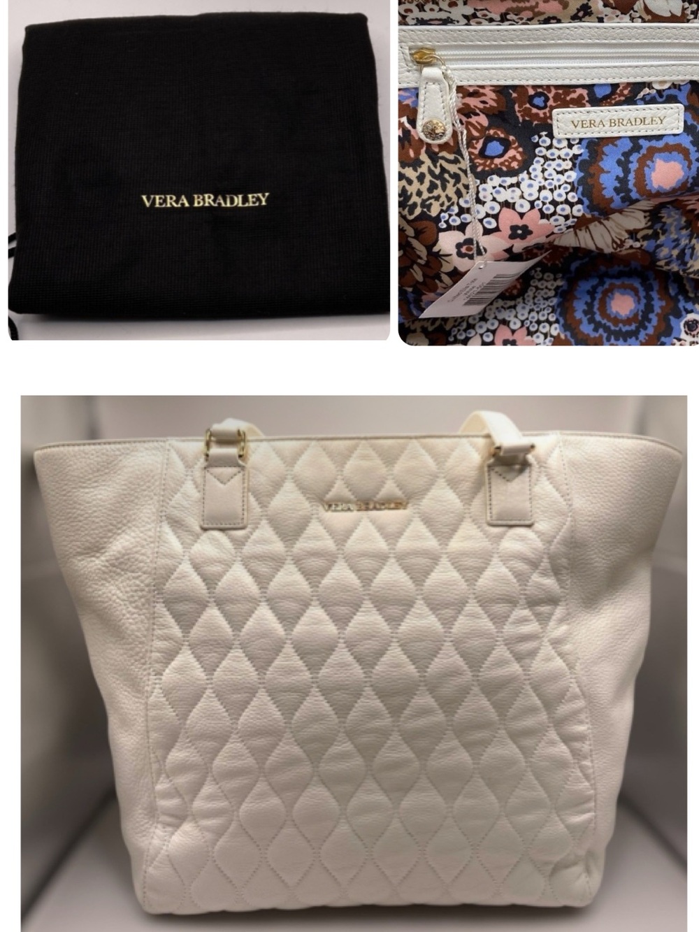 Vera Bradley Leather Tote Ella Bag White Quilted Pebbled Shoulder Zip Top